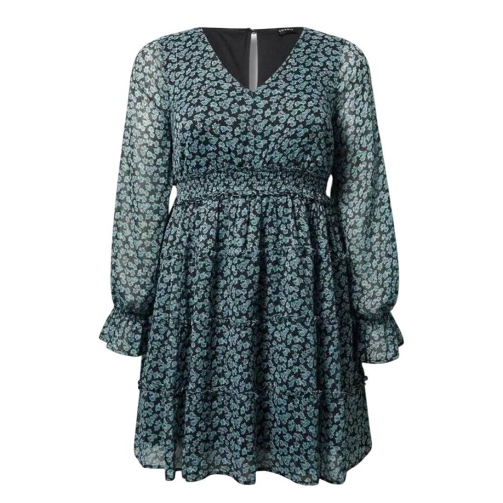 Torrid 2X Mini Lurex Chiffon Tiered Dress Floral Green Long Sleeve Pockets NWT - Picture 10 of 16